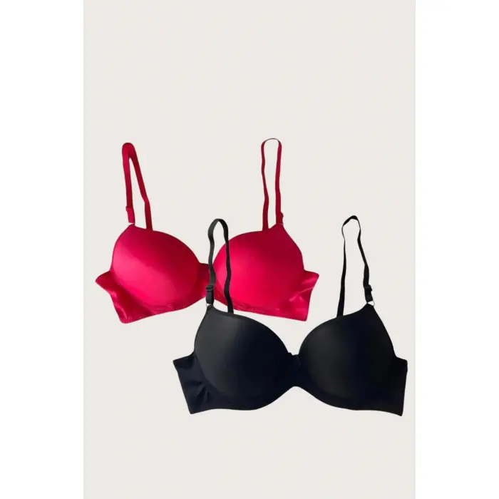 LYYN Siyah-kırmızı 2li Mikro Kumaş Push Up Dolgulu Balenli Günlük Destekli Sütyen