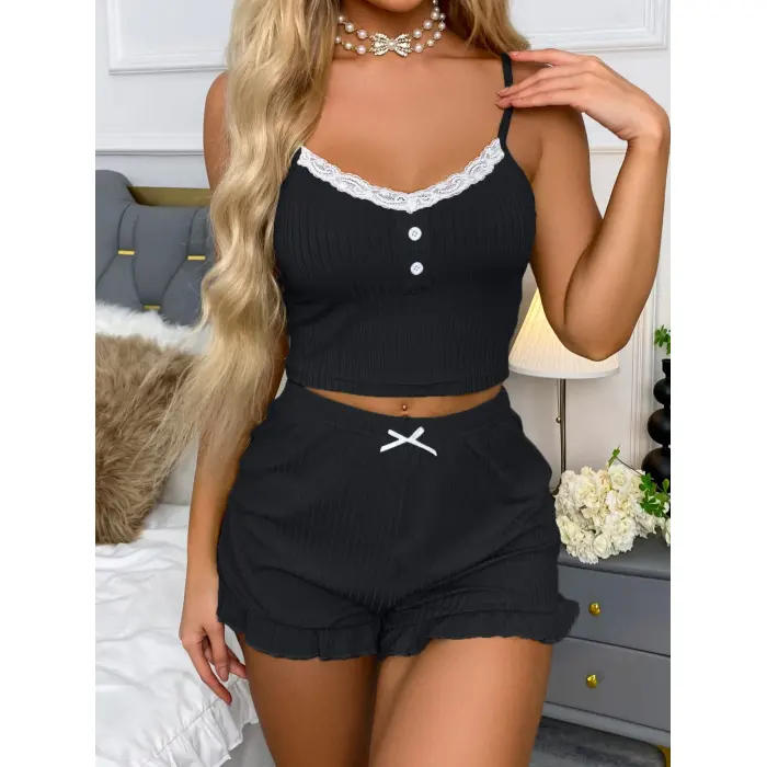 LYYN Siyah Likralı Düğmeli Yumuşacık 2li Pijama Takımı
