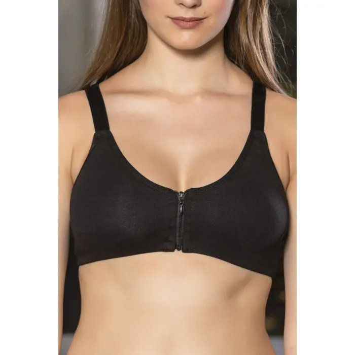 LYYN Siyah Önden Fermuarlı Pamuklu Sütyen,günlük Ve Medikal Kullanım İçin, Kadın İç Giyim