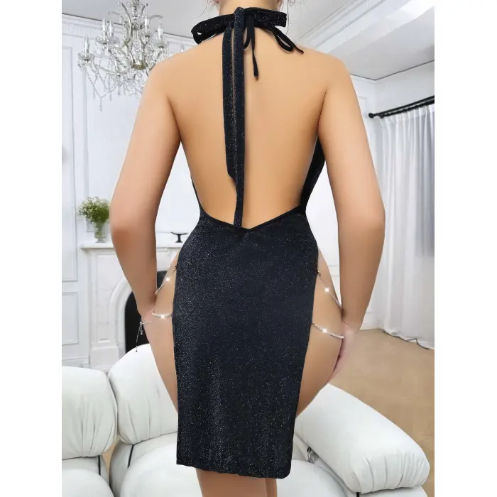 LYYN Siyah Seksi Elbise Zincirli 5045