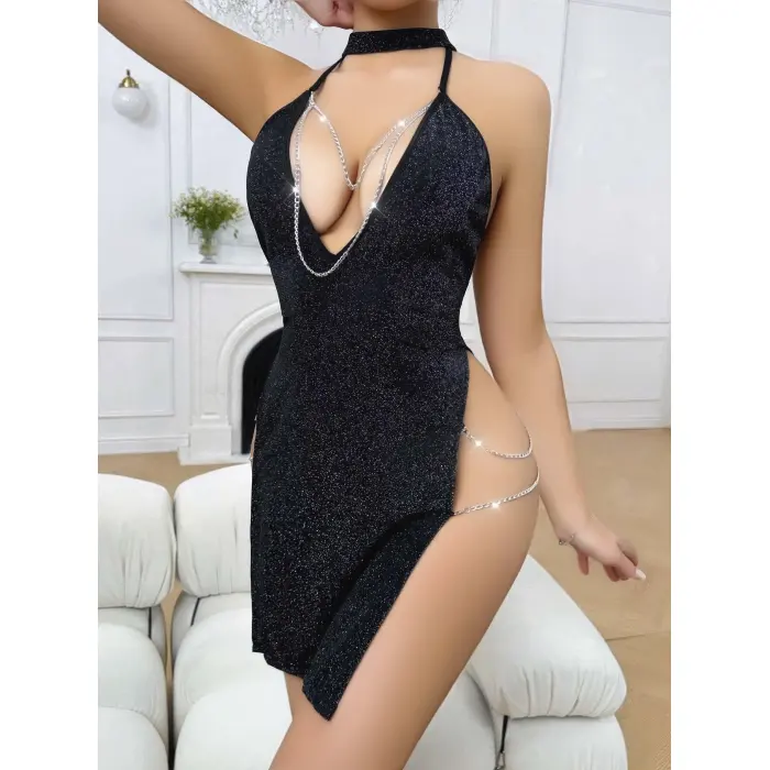 LYYN Siyah Seksi Elbise Zincirli 5045