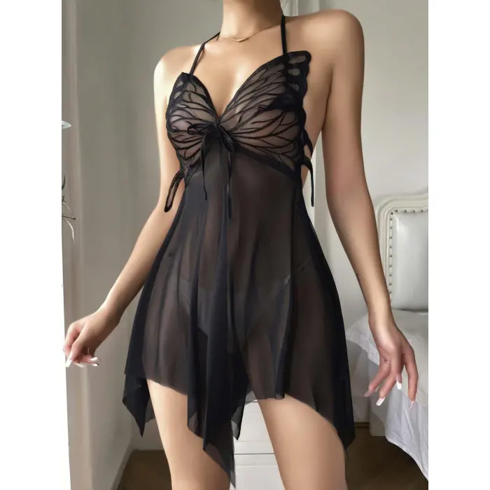 LYYN Siyah Transparan Kelebek Detaylı Tül Fantezi Gecelik 2243