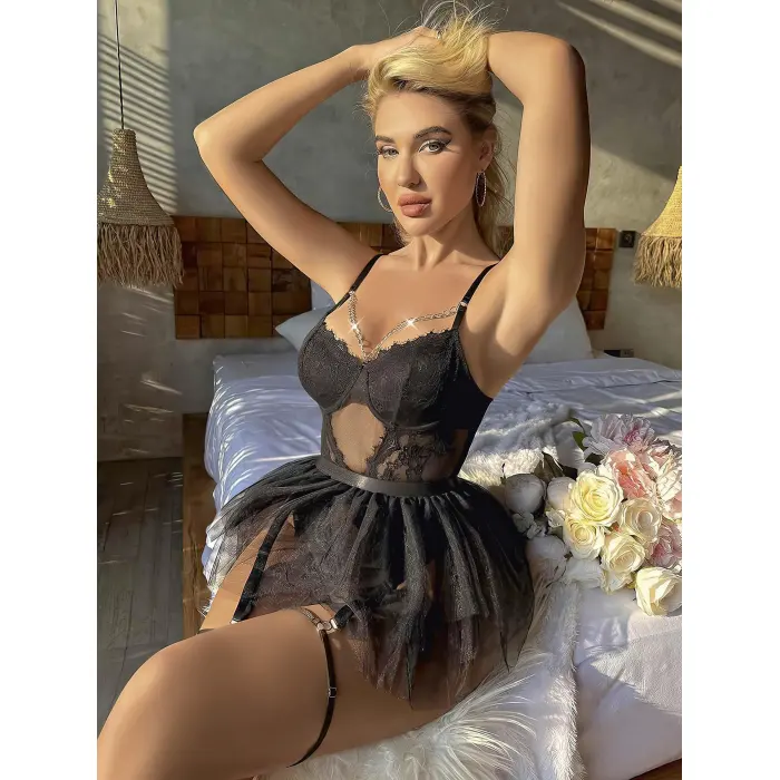 LYYN Siyah Tül Etekli Jartiyer Fantezi Takım 2080