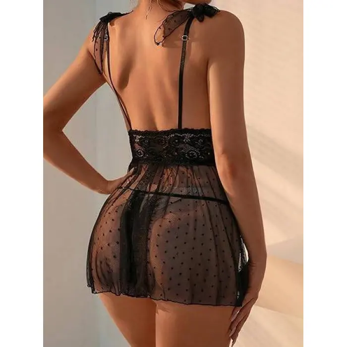 LYYN Siyah Tül İnce Askılı Mini Gecelik