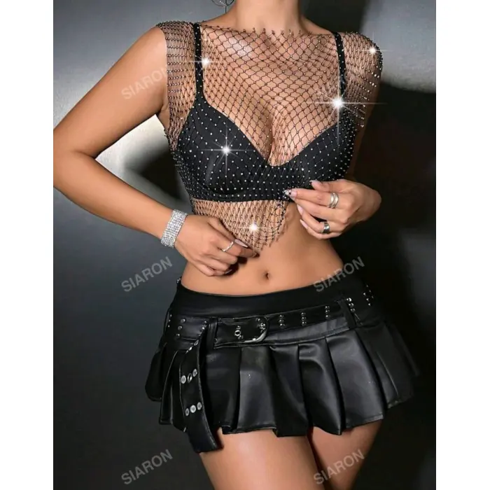 LYYN Taşlı File Crop – Kolsuz, Transparan, Parlak Gece Üstü