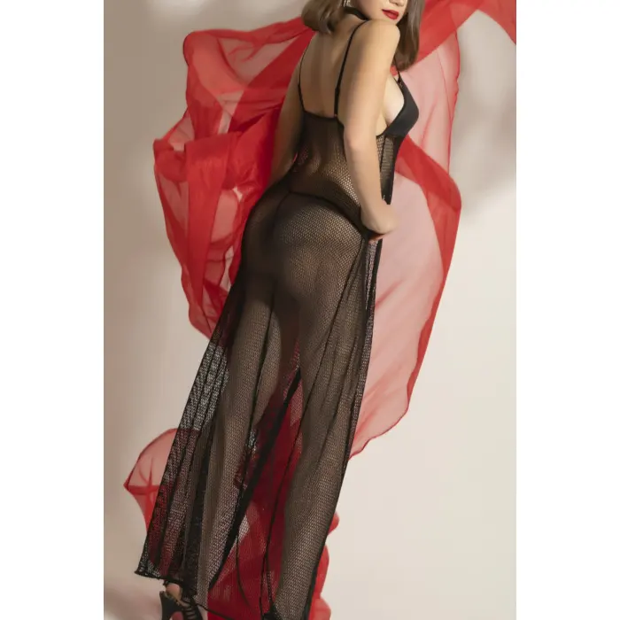 LYYN Transparan Fileli Uzun Babydoll Takım,dantel Detaylı Gecelik,tanga,boyunluk 3lü Set