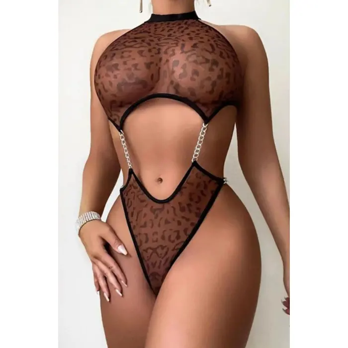 LYYN Transparan Leopar Desenli Zincir Detaylı Fantezi Body
