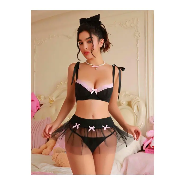 LYYN Transparan Siyah Kurdela Detaylı Fantezi Tül Etekli Sütyen Takımı