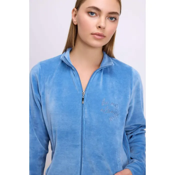 LYYN Uzun Kollu Fermuarlı Kadife Sweatshirt Ve Pantolon Pijama Takımı