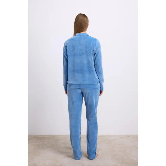 LYYN Uzun Kollu Fermuarlı Kadife Sweatshirt Ve Pantolon Pijama Takımı
