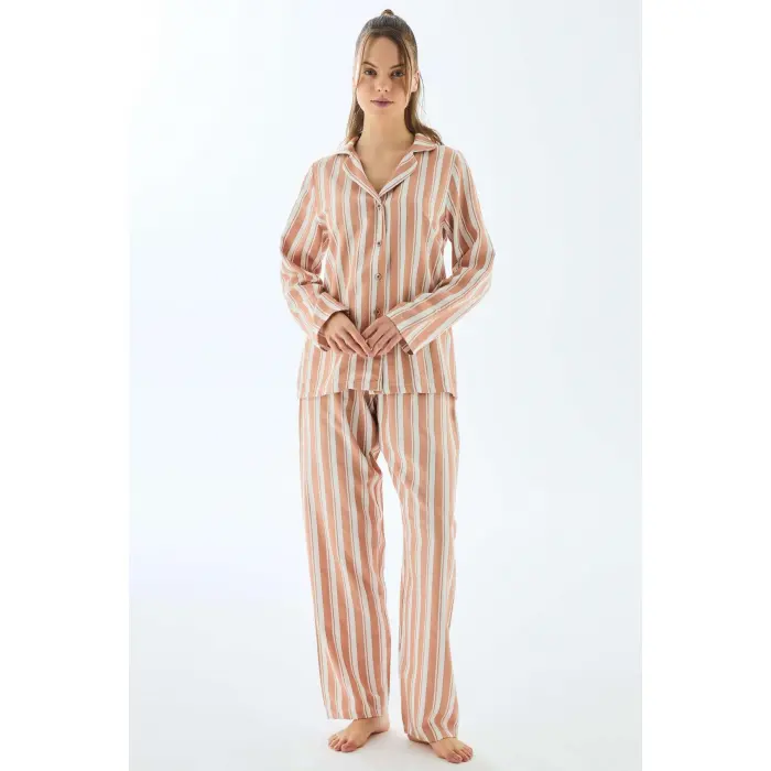 LYYN Viscose Çizgili Gömlek Pantolon Pijama Takımı