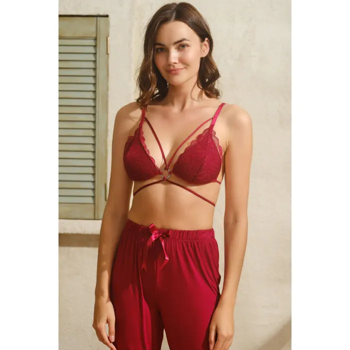 LYYN Viskon Dantelli Sabahlık Yaka Detaylı Sırt Dekolteli Bustiyer Sütyen Ve Pantolon Pijama 3lü Takım