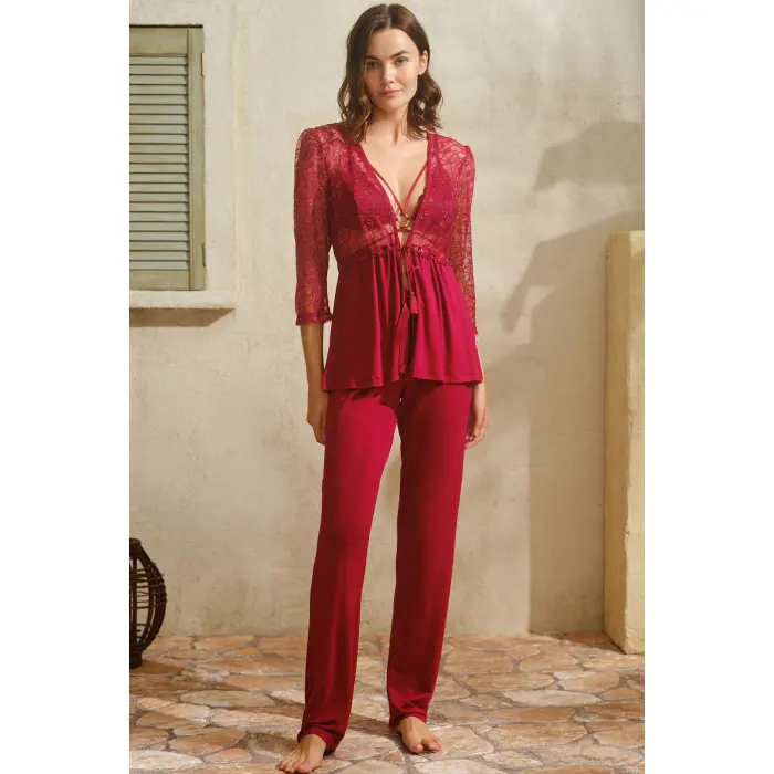 LYYN Viskon Dantelli Sabahlık Yaka Detaylı Sırt Dekolteli Bustiyer Sütyen Ve Pantolon Pijama 3lü Takım