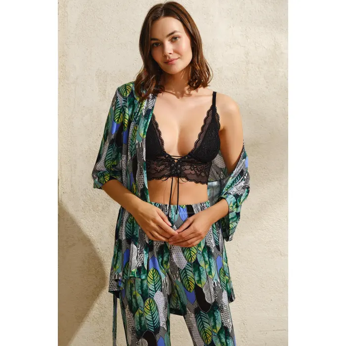 LYYN Viskon Yaprak Baskılı Sabahlık Balensiz Desteksiz Dolgusuz Dantelli Bralet Sütyen Ve Pantolon Pijama 3lü Takım