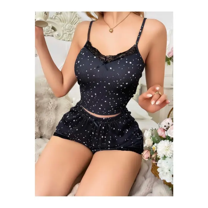 LYYN  Yıldız Desenli Askılı Şortlu Pijama Takımı