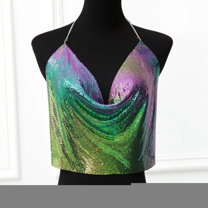 Parlak Gökuşağı Crop & Bluz Kolsuz Kayık Yaka Zırh Büstiyer