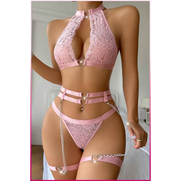 Pembe Dantelli Kalp Detaylı Zincirli Seksi İç Giyim Seti