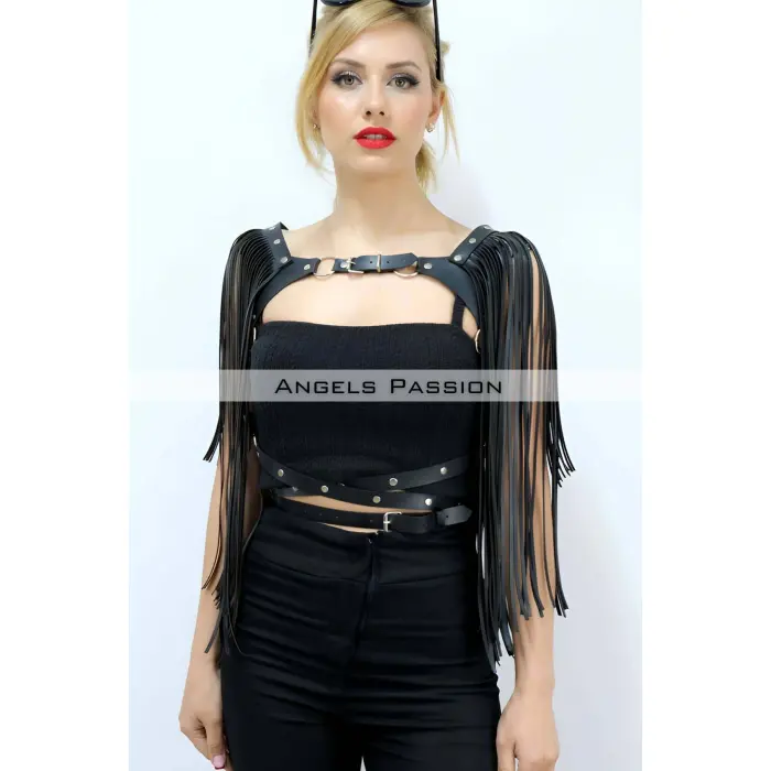 Püskül Detaylı Deri Göğüs Harness, Deri Harness Püsküllü Ceket - Brf999