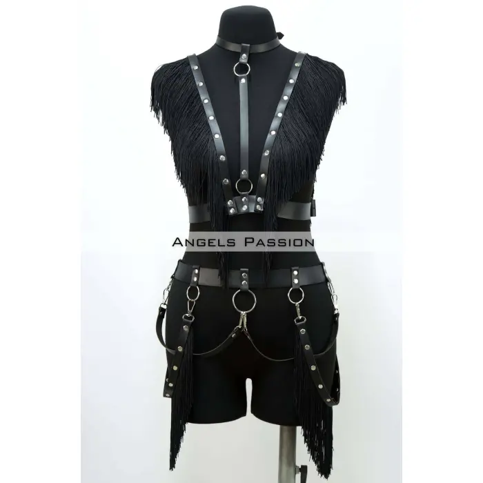 Püslüllü Deri Harness Takım, Püsküllü Elbise Aksesuarı - Brf768