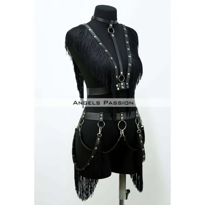 Püslüllü Deri Harness Takım, Püsküllü Elbise Aksesuarı - Brf768