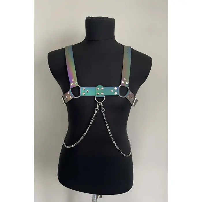 Rainbow Reflektörlü (karanlıkta Parlayan) Zincir Detaylı Şık Erkek  Göğüs Harness, Reflektörlü Clubwear - Brfm109