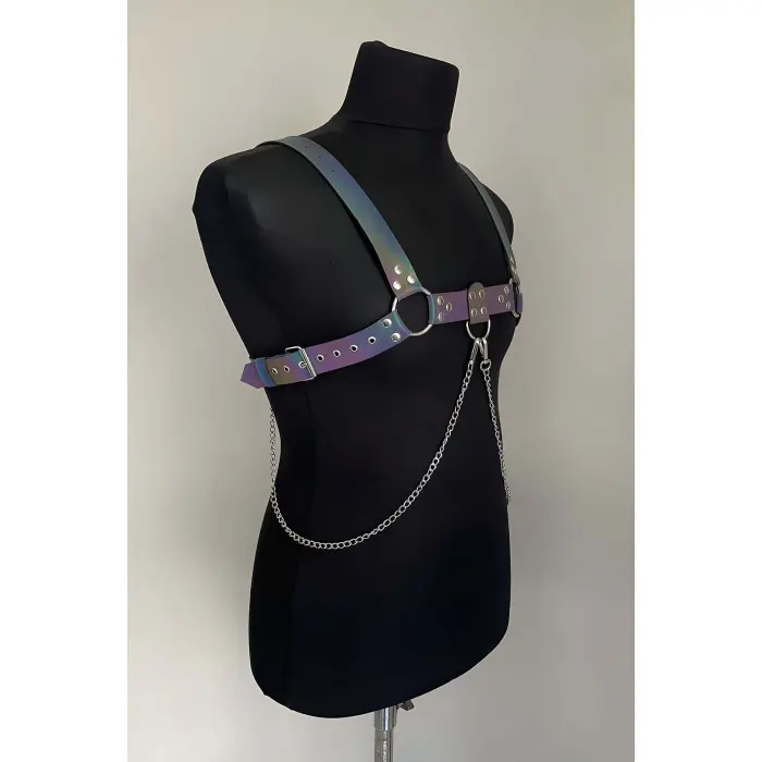 Rainbow Reflektörlü (karanlıkta Parlayan) Zincir Detaylı Şık Erkek  Göğüs Harness, Reflektörlü Clubwear - Brfm109