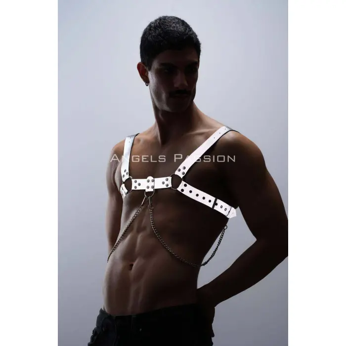 Reflektörlü (karanlıkta Parlayan) Zincir Detaylı Şık Erkek  Göğüs Harness, Reflektörlü Clubwear - Brfm109