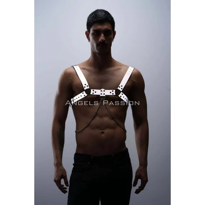 Reflektörlü (karanlıkta Parlayan) Zincir Detaylı Şık Erkek  Göğüs Harness, Reflektörlü Clubwear - Brfm109