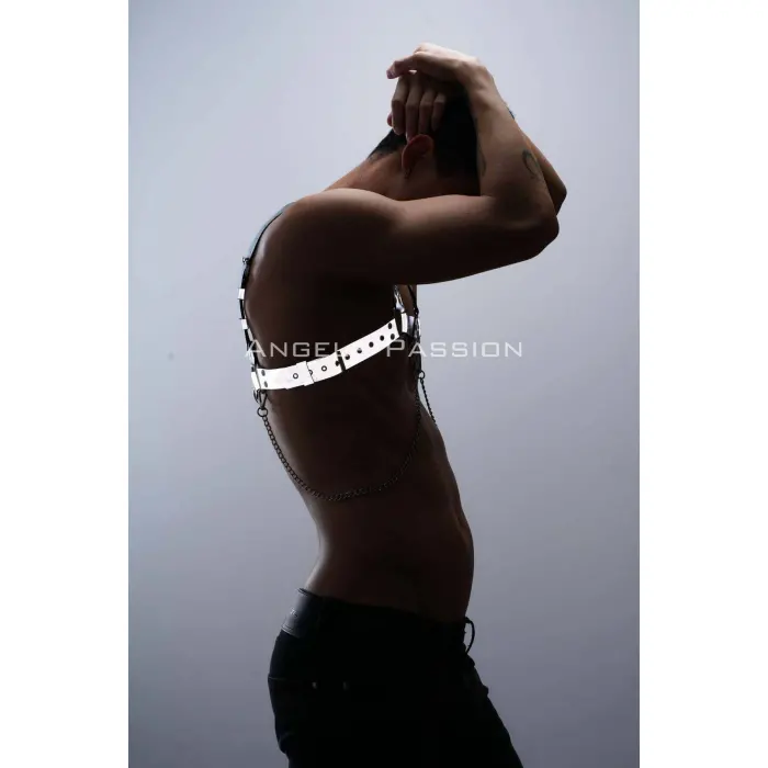 Reflektörlü (karanlıkta Parlayan) Zincir Detaylı Şık Erkek  Göğüs Harness, Reflektörlü Clubwear - Brfm109