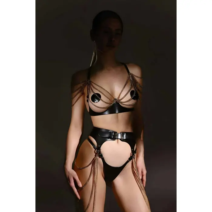 Şık Deri Zincirli Göğüs Ve Bel Harness Takım - Brf1242