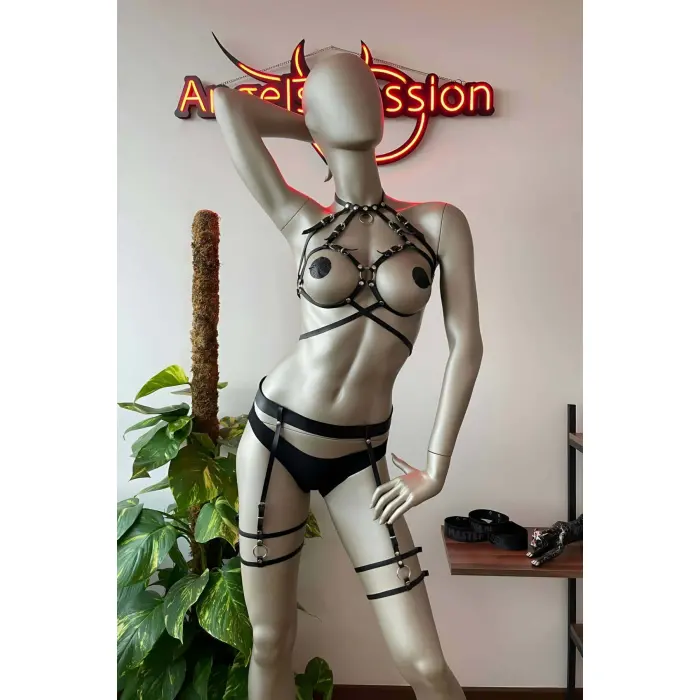 Siyah Deri Erotik Giyim Jartiyer Harness Takım - Brf325