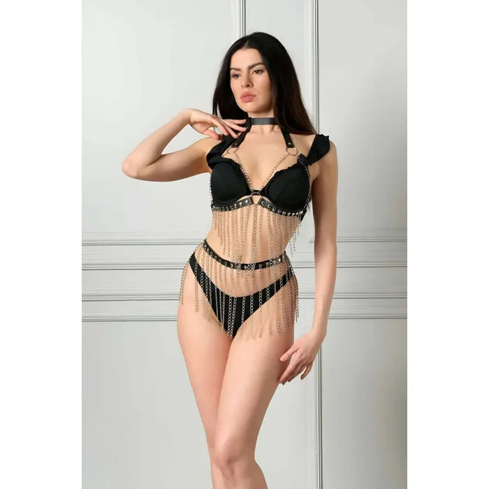 Siyah Deri Zincirli Harness Takım - Brf504