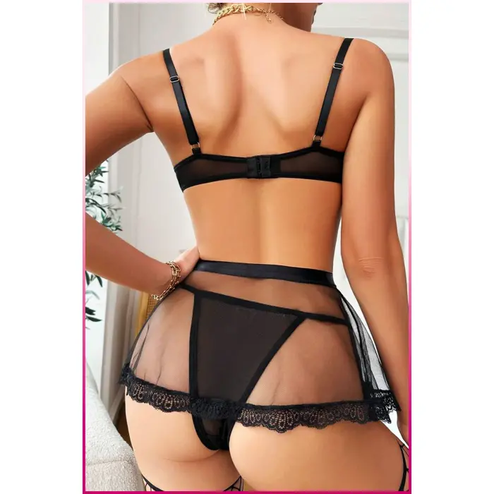Siyah Göğüs Balenli, Tül Etekli,bel Şeritli Seksi Jartiyer Takım