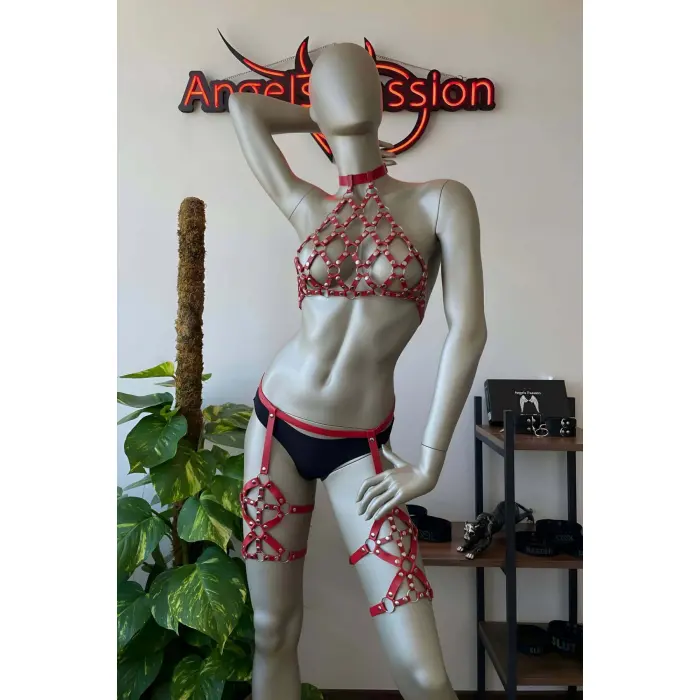 Tarz Ve Şık Kırmızı Deri Fantazi Jartiyer Harness - Brf460