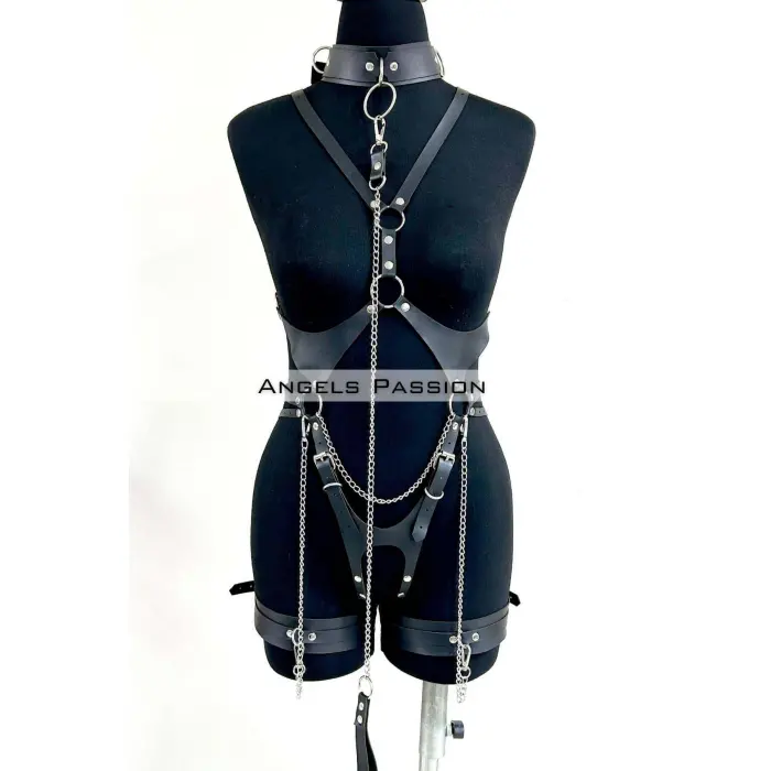 Tasma Ve Zincir Detaylı Şık Deri Harness, Deri Fantezi Giyim- Brf1225