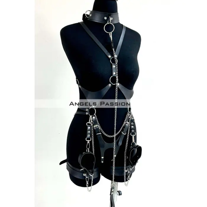 Tasma Ve Zincir Detaylı Şık Deri Harness, Deri Fantezi Giyim- Brf1225
