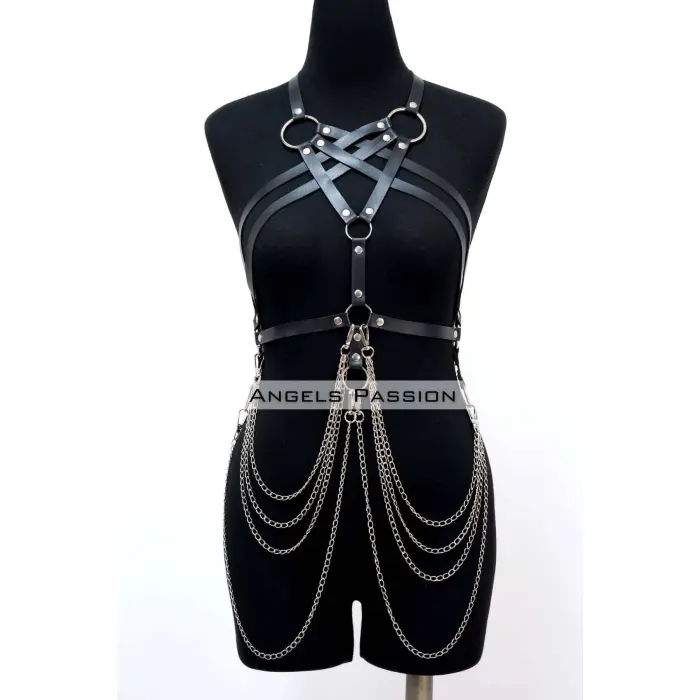 Zincir Detaylı Deri Göğüs Harness, Deri Fantezi Giyim, Elbise Aksesuar - Brf11