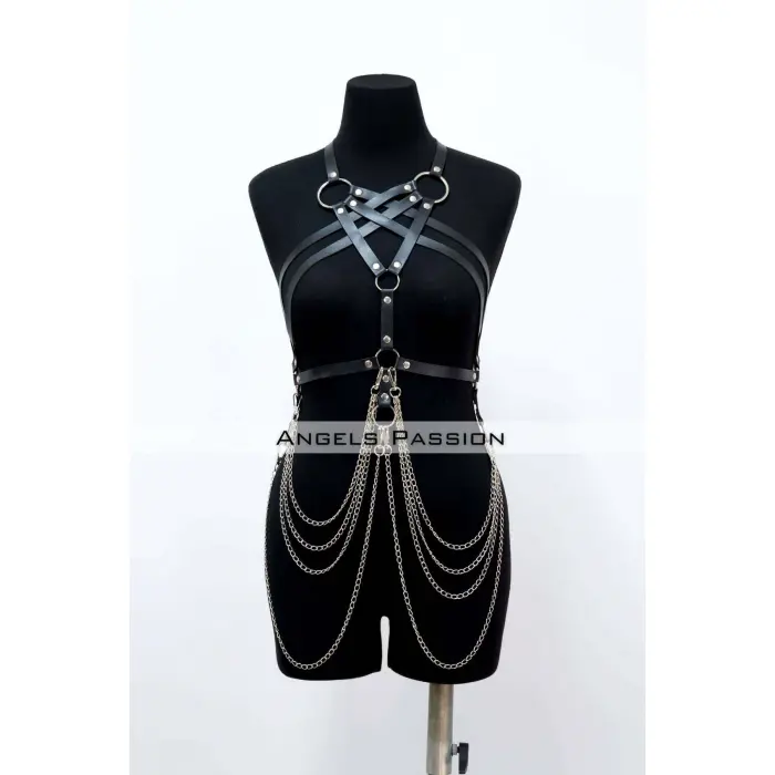Zincir Detaylı Deri Göğüs Harness, Deri Fantezi Giyim, Elbise Aksesuar - Brf11