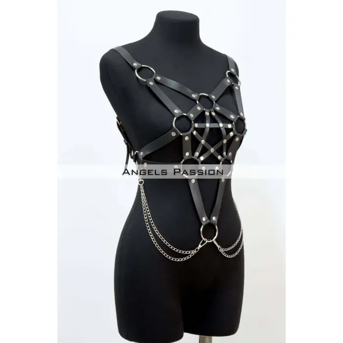 Zincir Detaylı Şık Deri Göğüs Harness, Büstiyer Harness, Deri Göğüs Harness- Brf1399