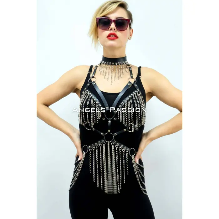 Zincirli Deri Harness, Deri Dansçı Kostüm, Choker Detaylı Deri Harness - Brf1397