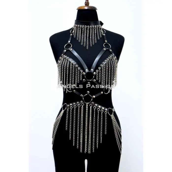 Zincirli Deri Harness, Deri Dansçı Kostüm, Choker Detaylı Deri Harness - Brf1397