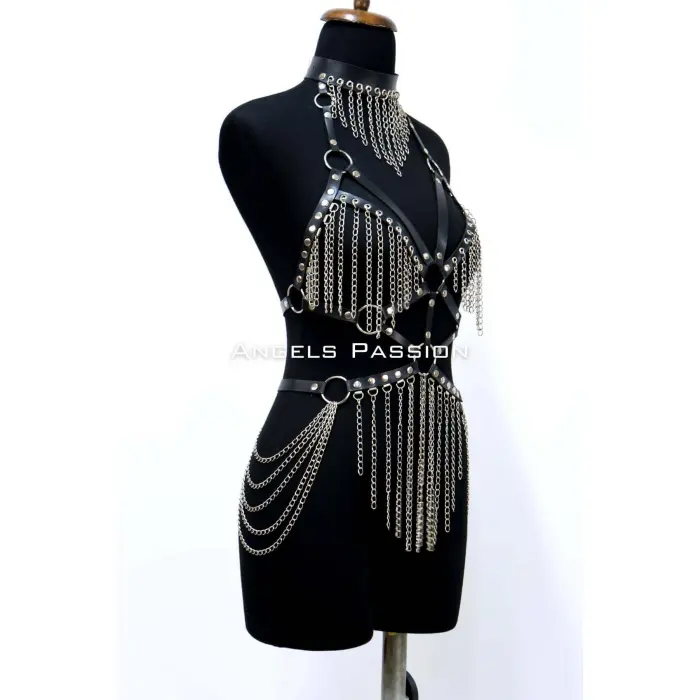 Zincirli Deri Harness, Deri Dansçı Kostüm, Choker Detaylı Deri Harness - Brf1397
