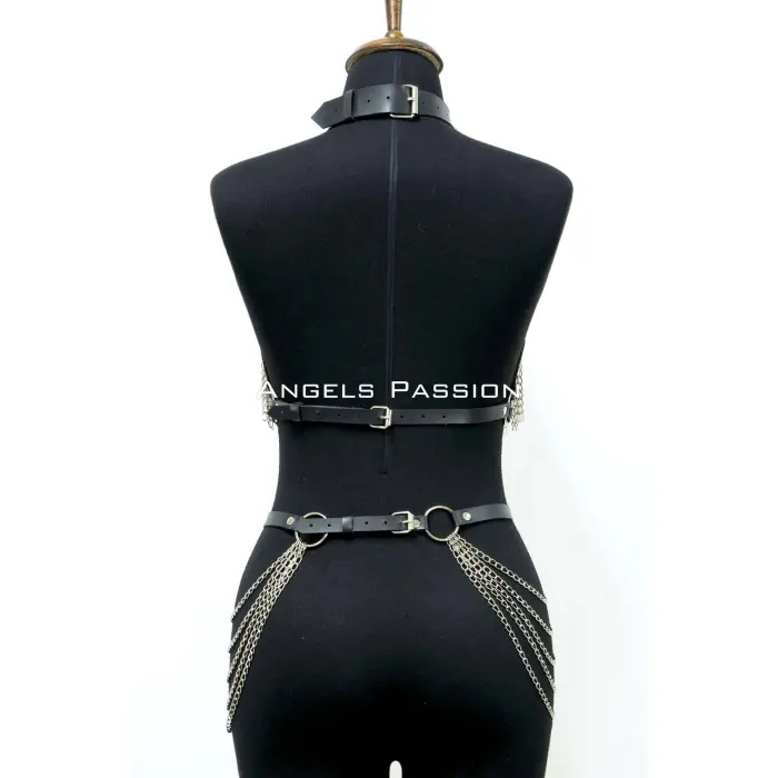 Zincirli Deri Harness, Deri Dansçı Kostüm, Choker Detaylı Deri Harness - Brf1397