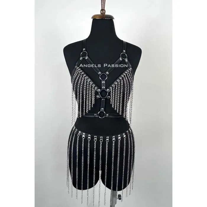 Zincirli Harness Takım, Deri Zincirli Etek Takım - Brf496