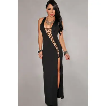 B100839 Bağlamalı Seksi Uzun Elbise