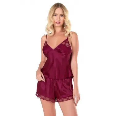 Bordo Saten Babydoll Şort Takımı