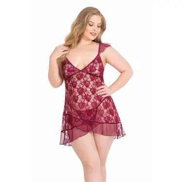 Büyük Beden Bordo Kısa Tül Gecelik