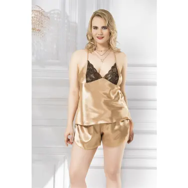 Büyük Beden Gold Saten Babydoll Şort Takımı