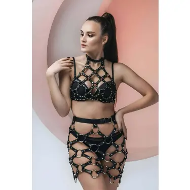Çapraz Bağlı Crop Ve Etek Deri Fantazi Takım - Brf1289