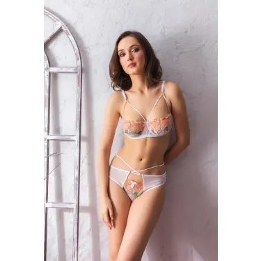 ÇİÇEKLİ TRANSPARAN STRAPLEZ SÜTYEN  VE STRİNG TAKIM EKRU (MGP32052)